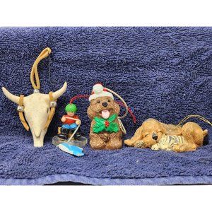 4 Christmas Ornaments Ice Fisherman‎ Cow Skull Dog Wearing Christmas Hat Dog&Cat